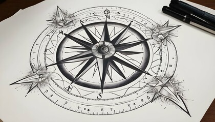 Illustrate a tattoo design of a celestial compass upscaled 4