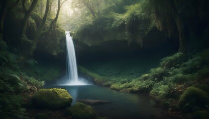 A hidden waterfall nestled deep in a mystical fore upscaled 2