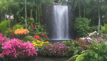 A waterfall surrounded by a garden of exotic flowe upscaled 4