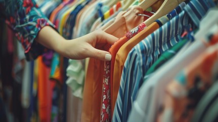 A female hands choosing clothes in a clothing store, Summer outfit