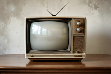 Television put on wood table, background white wall.