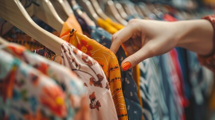 A female hands choosing clothes in a clothing store, Summer outfit