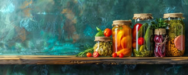 A variety of pickled vegetables in glass jars on a wooden shelf against a dark blue background.