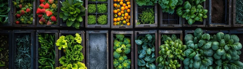 Fototapeta premium An urban garden with various vegetables and fruits growing in wooden boxes