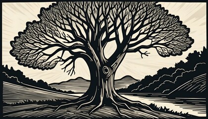 A tree depicted in a woodcut or linocut style upscaled 17
