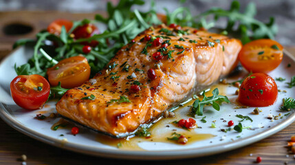 Grilled Salmon Delight with Fresh Tomatoes and Greens