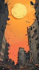 Graphic novel style illustration showing a post-apocalyptic city under a massive, glaring sun, rendered in stark oranges and browns.