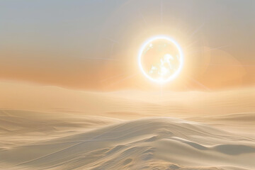 Sun at zenith creating a mirage effect over sandy desert dunes, with intense heat distorting the air and surreal lighting.