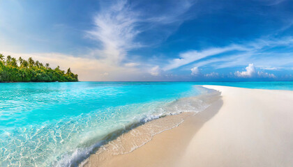 Beautiful sandy beach with white sand and rolling calm wave of turquoise ocean on Sunny day 