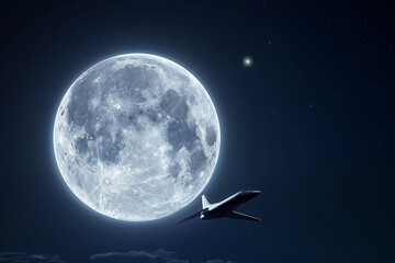 Moon in the night with airplane that flying across   
