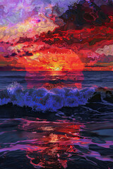 Surreal sunset over the ocean, with waves reflecting vibrant hues of fiery red and purple under a dramatically transformed sky.