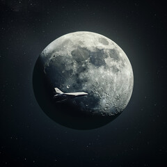 Moon in the night with airplane that flying across   