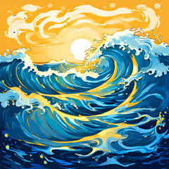 magical fairytale ocean waves art painting unique blue and gold wavy swirls of magic water fairyta,generate ai