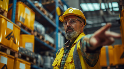 Mature industrial worker with beard in yellow hard hat pointing while instructing in a large manufacturing plant.