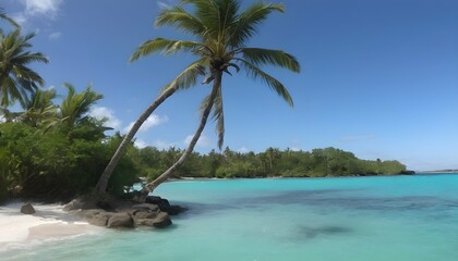 A tropical island paradise with palm trees swaying upscaled 4