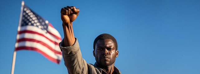African American man rising his fist in gesture of power with an American USA flag waving on a blue sky background, Juneteenth or black history month concept, space for text