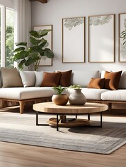 Boho interior design of modern living room, home. Wooden round coffee table with clay vase on it near white sofa with brown pillows. 