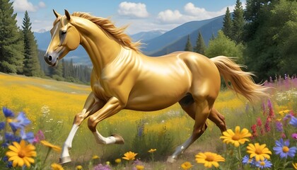 Craft a scene with a golden horse trotting through upscaled 2