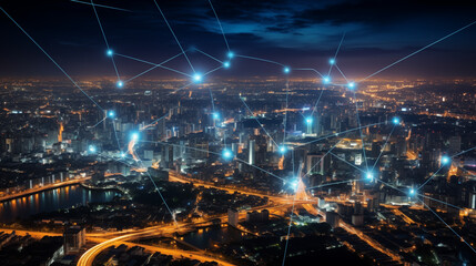 Wireless network and Connection technology concept with Bangkok city background at night in Thailand, panorama view. 