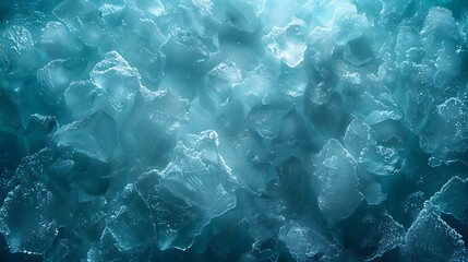 Obraz premium Close-up view of a frozen surface depicting intricate frost patterns and ice cracks in vivid blue-green hues, showcasing the delicate and fragile nature of ice.