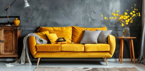 Yellow sofa with grey pillows and blanket against gray wall in living room interior with wooden sideboard