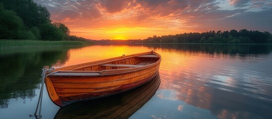 Old boat floating on the waters of the Lake at sunset