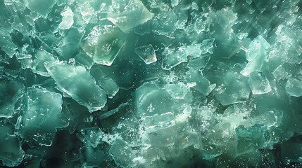 Dynamic scene of ice shards breaking on a frozen lake, with the textures of cracks and frost enhanced by a dramatic interplay of light in blue-green shades, creating a vivid