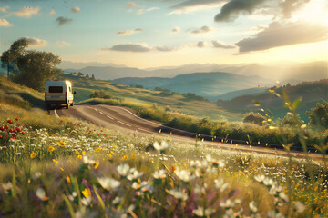A Camper van drive on the road in the middle of flowers field in summer holiday. Summer Holiday Illustration.