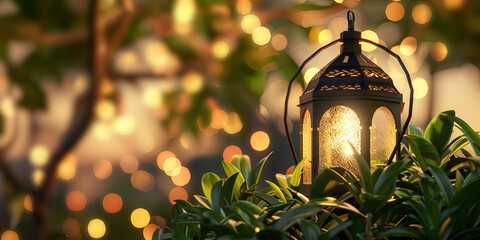 an elegant lantern glowing softly in the twilight, surrounded by lush greenery and scattered with...