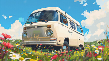 A Camper van drive on the road in the middle of flowers field in summer holiday. Summer Holiday Illustration.