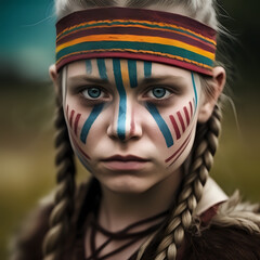 Viking girl with bright striped war paint - generated by ai