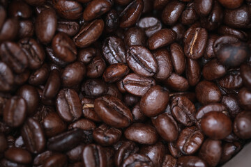 Brown coffee beans textures and surface for background and copy space for text