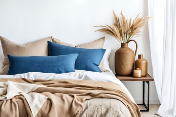  Bed with blue and beige bedding. Boho, farmhouse interior design of modern bedroom. 