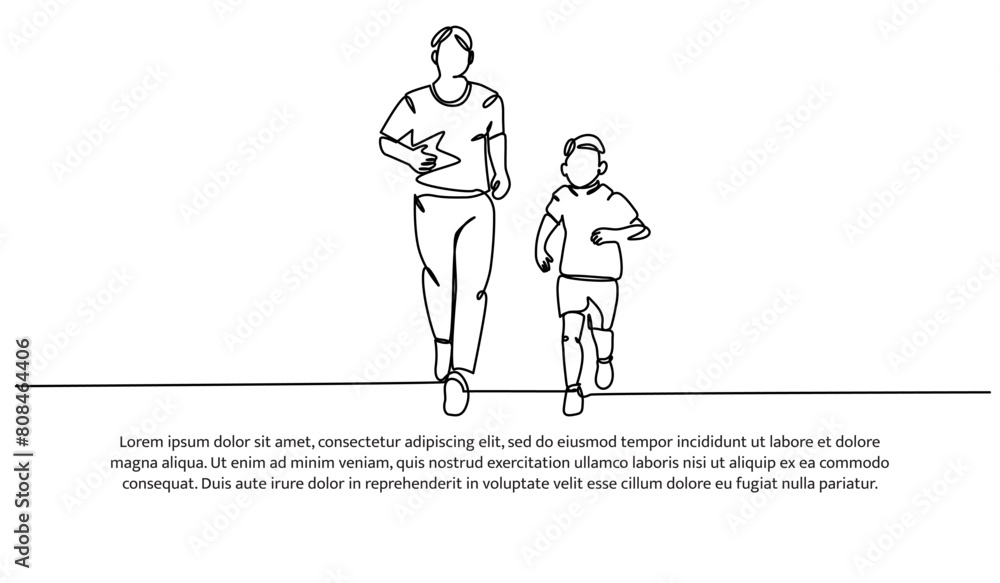 Poster continuous line design of father and son jogging together. single line decorative elements drawn on 