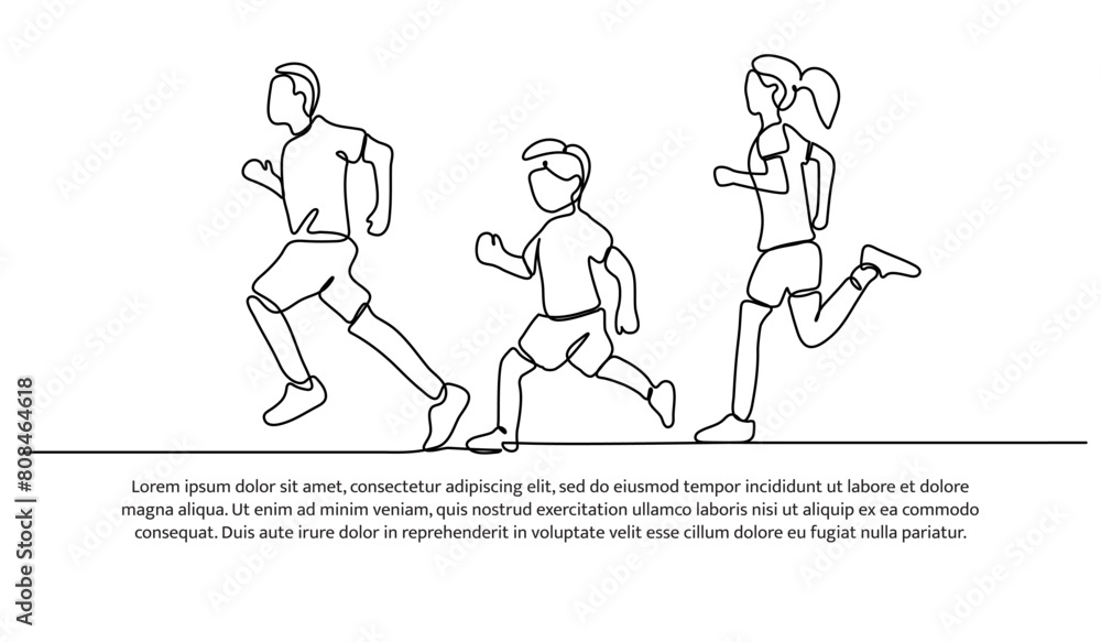 Poster continuous line design of family running together. single line decorative elements drawn on a white 