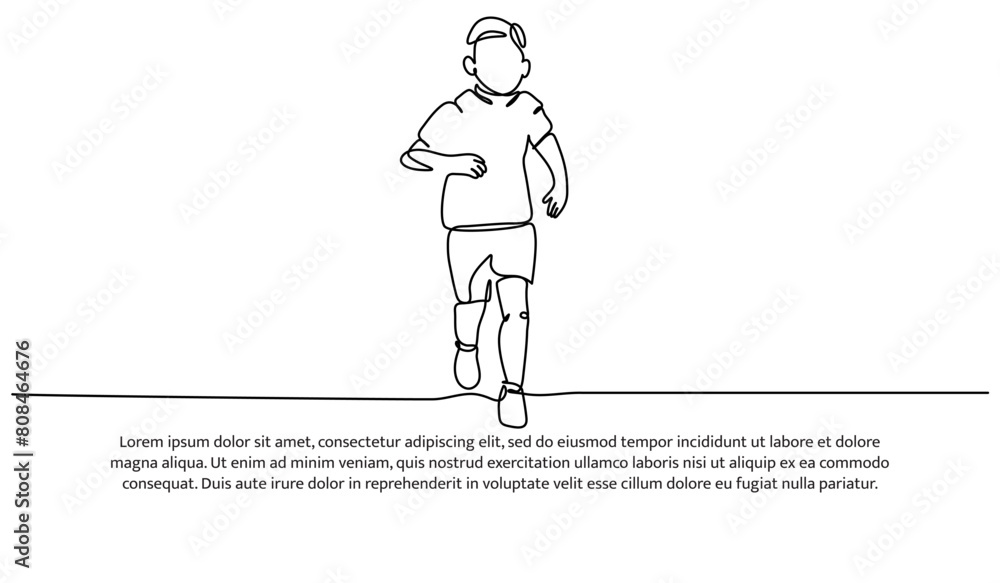 Poster continuous line design of little boy jogging.single line decorative elements drawn on a white backgr