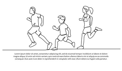 Continuous line design of family running together. Single line decorative elements drawn on a white background.