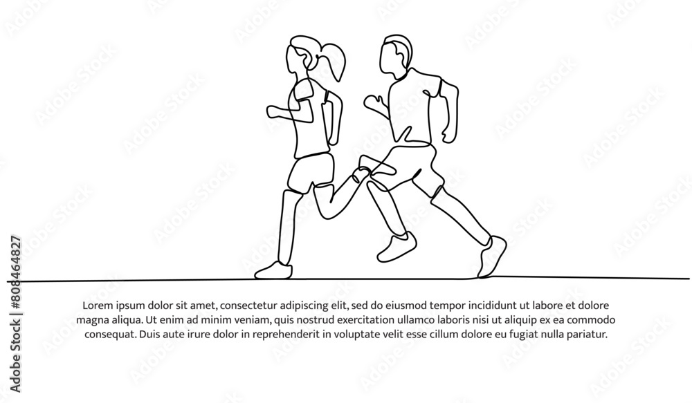 Poster continuous line design of jogging couple. single line decorative elements drawn on a white backgroun