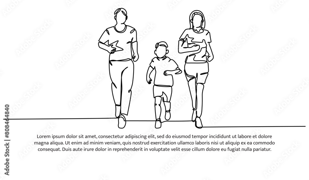 Poster continuous line design of family running together. single line decorative elements drawn on a white 