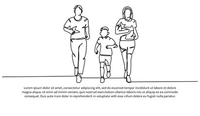 Continuous line design of family running together. Single line decorative elements drawn on a white background.