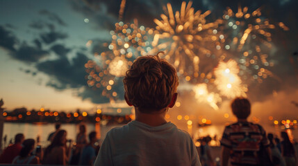 Fototapeta premium A young boy watching a vibrant fireworks display at dusk, feeling awe and excitement.