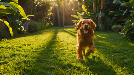 A happy Golden Retriever running towards the camera in a lush, sunlit garden.