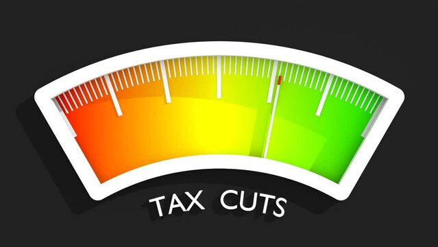 Tax cuts level on measure scale. Instrument scale with arrow. Lowering taxable income. Reduce tax financial, business and profit concept.