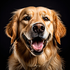 Perro Golden retriver sonriendo fotografía de estudio, mirando a la cámara I.A