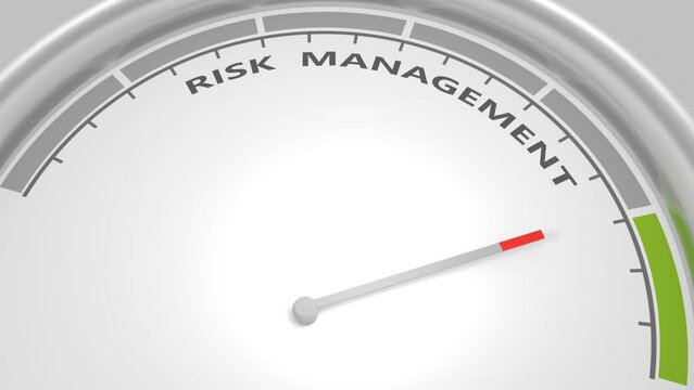 Arrow points to risk management text. Instrument scale with arrow. Colorful infographic gauge element.