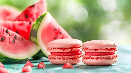 Gordijnen Watermelon Macarons, red and green macarons with watermelon in the background, food photography  © Jolanta