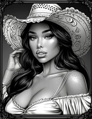 A woman with a cowboy hat is shown in a black and white photo