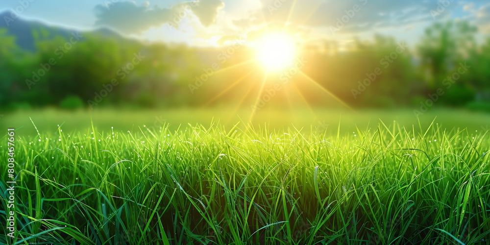 Poster green grass at sunset, sunset on a meadow in rural in springtime