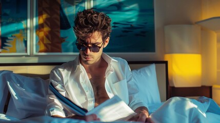 A young Caucasian man wearing sunglasses reads intently in a sunlit bedroom, adding a stylish, contemplative mood