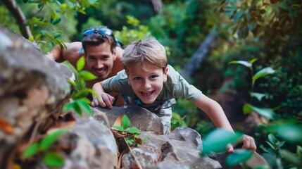 Cheerful young boy climbing rocks in a lush forest with his father helping from behind, both smiling and enjoying nature together - Powered by Adobe